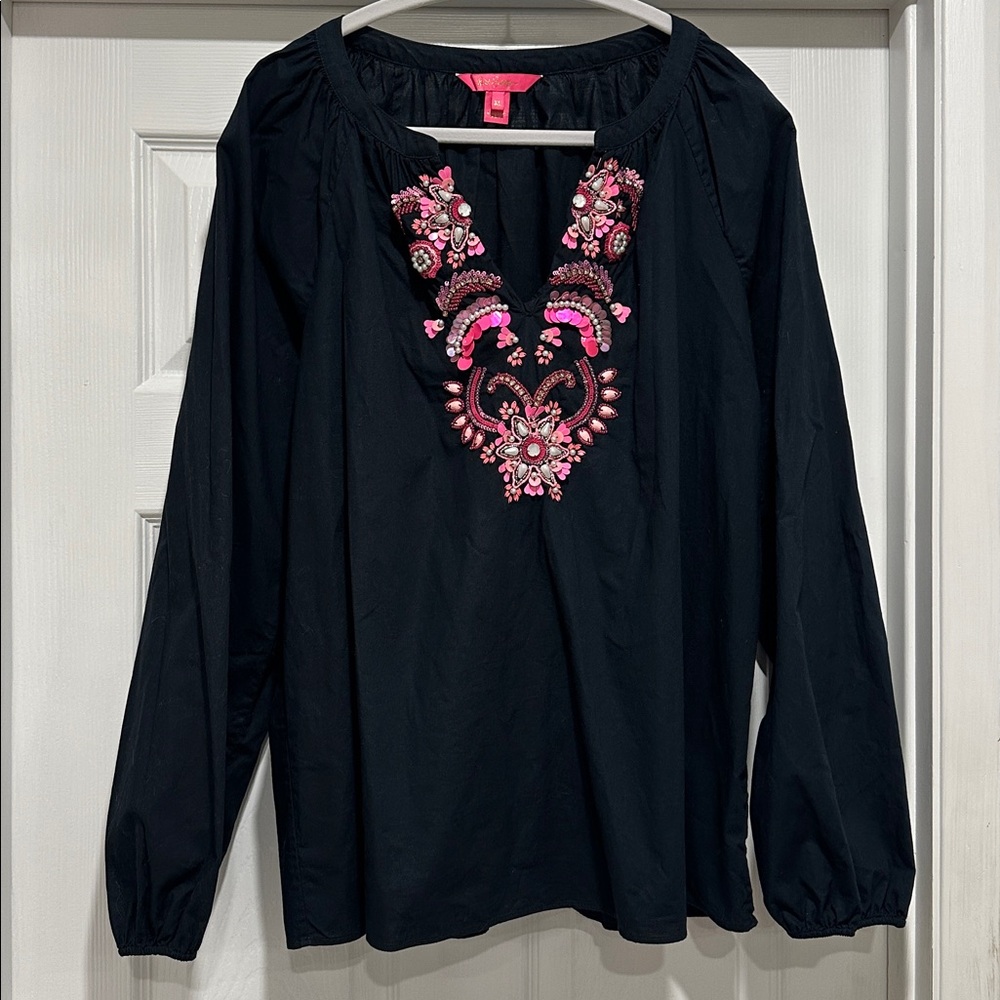 Lilly Pulitzer Iva Top - Onyx  Size XL Hot Pink Black Embellished Blouse